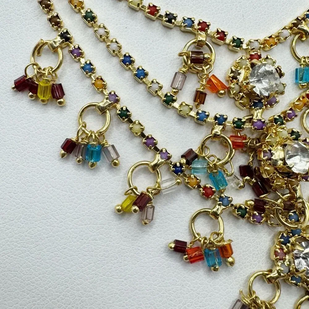 Colorful Bead And Rhinestone Gold Plated Bollywood Indian Necklace And Earrings
